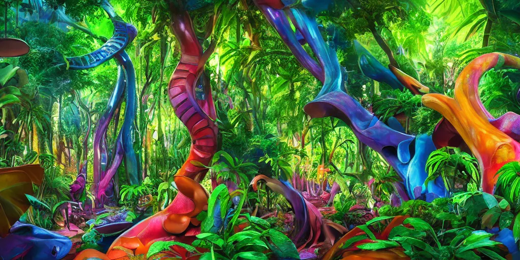 Prompt: of a colorful rainforest with strange cute friendly creatures with huge eyes, mouth, long tongue and round teeth appearing from the trees, in the style of gehry and gaudi, macro lens, highly detailed, shallow depth of fielf, digital painting, trending artstation, concept art, illustration, cinematic lighting, vibrant colors, photorealism, epic, octane render