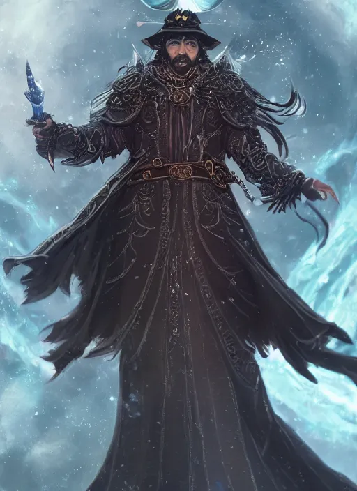 Image similar to a highly detailed illustration of Hiroyuki Sanada as wizard wearing ornate black robe and mage hat, dramatic magic floating pose, intricate, elegant, highly detailed, centered, digital painting, artstation, concept art, smooth, sharp focus, league of legends concept art, WLOP