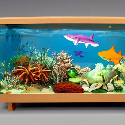 Image similar to glowing 1975 godly London polygon shark oasis drawer flora , by Jeff Koons and George Lucas and Georgia O'Keeffe , lowbrow , quantum wavetracing , cluttered