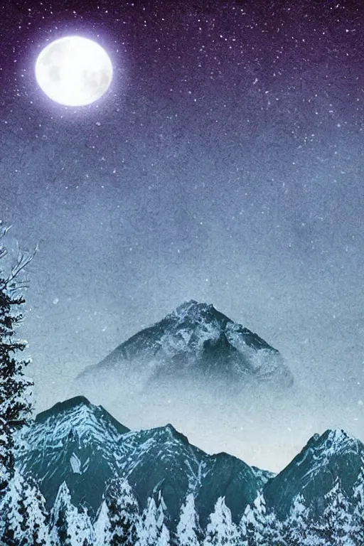 Image similar to digital matte fantasy dreamy mountain scape dark tones snow, crescent moon, wolf, 8 k by alex grey