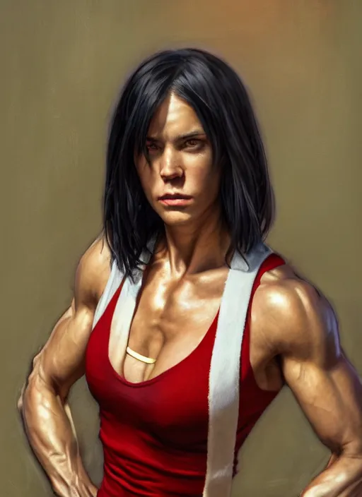 Image similar to a portrait a woman in her 2 0 s, muscular, wearing red tanktop vest with gold lining, white bandages on fists, black hair, short - medium length hair, serious, style by donato giancola, wayne reynolds, jeff easley dramatic light, high detail, cinematic lighting, artstation, dungeons and dragons