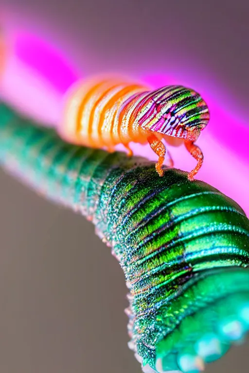 Image similar to high quality macro photo iridescent translucent caterpillar! gorgeous highly detailed david ligare elson peter cinematic pink lighting high quality low angle hd 8k sharp shallow depth of field