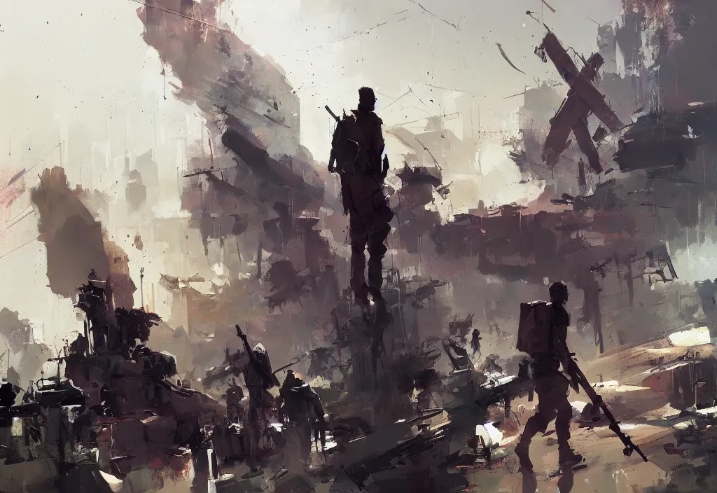 Prompt: ismail inceoglu painting of a war conflict, painting, trending on artstation, by greg manchess and by craig mullins and by kilian eng and by jake parker