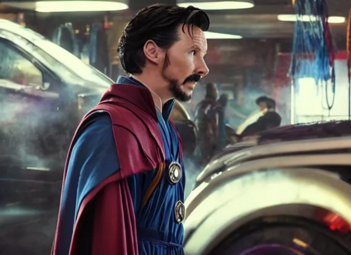 Prompt: film still of Doctor Strange working at a car wash in the new Avengers movie, 4k