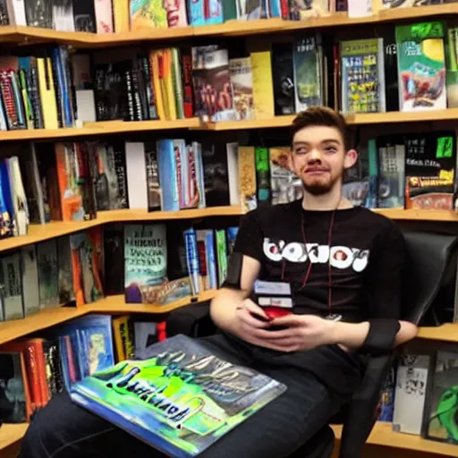 Image similar to jacksepticeye playing a video game in a bookstore