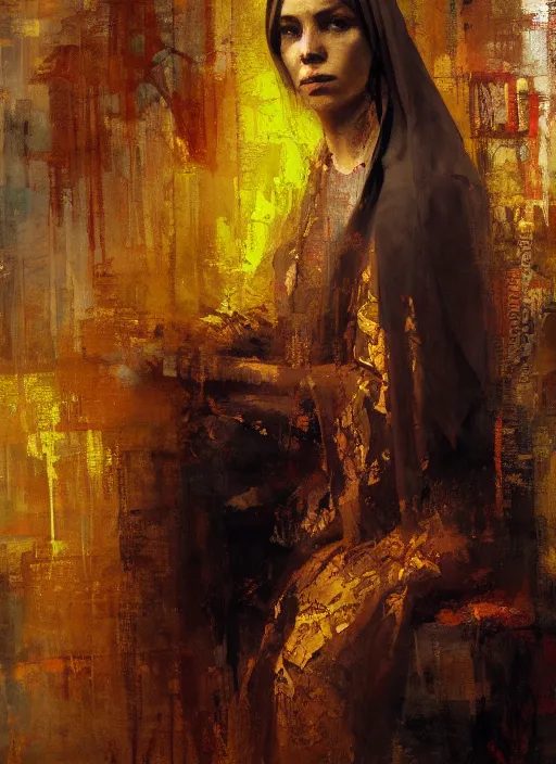 Image similar to portrait of the Virgin Mary wearing golden robes by Jeremy Mann, intricate, warm tones, vivid colors, detailed, stylized, loose brush strokes, looking askance