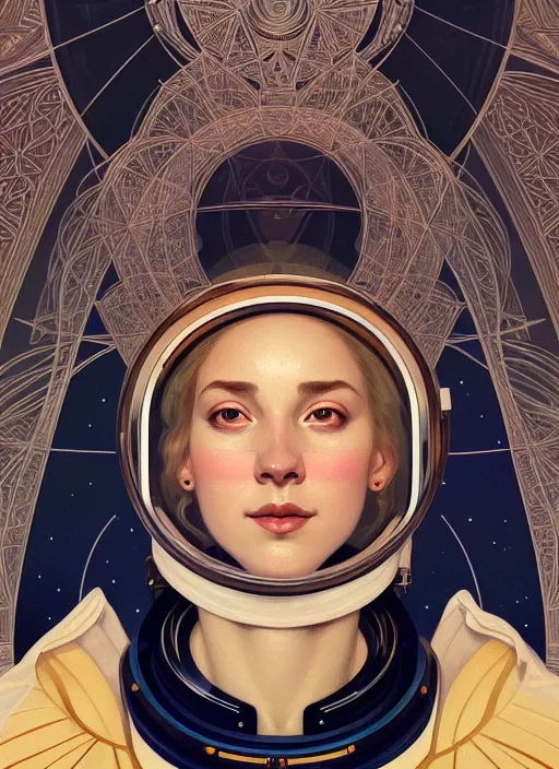 Image similar to symmetry!! portrait of a astronaut, midsommar style, intricate, elegant, highly detailed, digital painting, artstation, concept art, smooth, sharp focus, illustration, art by artgerm and greg rutkowski and alphonse mucha, 8 k