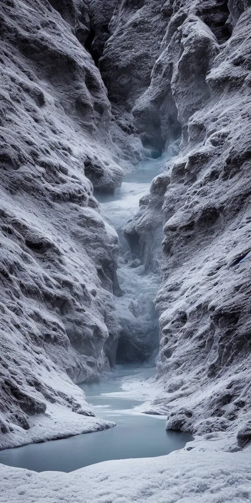 Image similar to dream looking through a hyper realistic photograph of a frozen icy canyon, minimal structure, misty, raining, meditative, timed exposure, icelandic valley, river, in the style of reuben wu, roger deakins