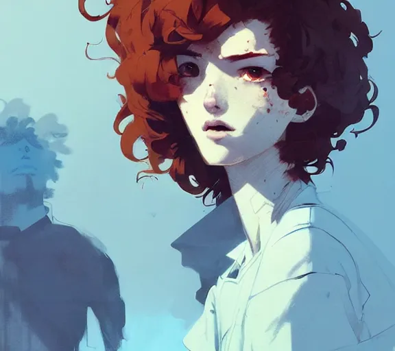 Image similar to portrait men with red curly hair and bright eyes atey ghailan, by greg rutkowski, by greg tocchini, by james gilleard, by joe fenton, by kaethe butcher, by ashley wood, dynamic lighting, gradient light blue, brown, blonde cream and white color scheme, grunge aesthetic