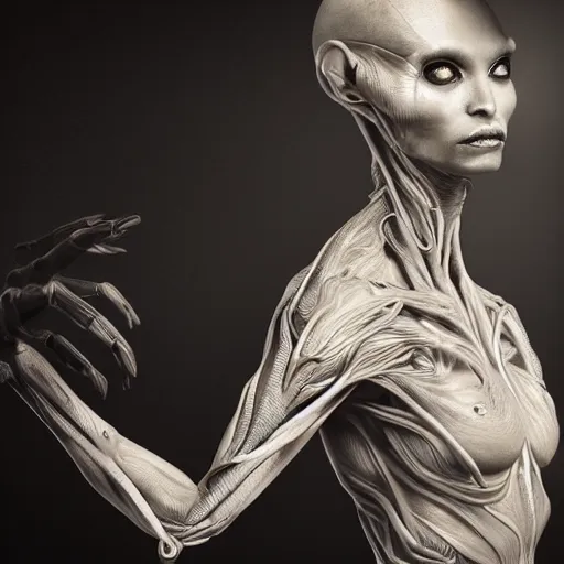 Prompt: hyper realistic photography of an alien, plated arm, intimate, chest, holding close, ribbons, in the style of beth cavener, jin kagetsu,, and wlop, highly detailed, intricate filigree, symmetry, masterpiece, award winning, sharp focus, concept art, highkey lighting, ambient lighting, octane render, 8 k, artstation