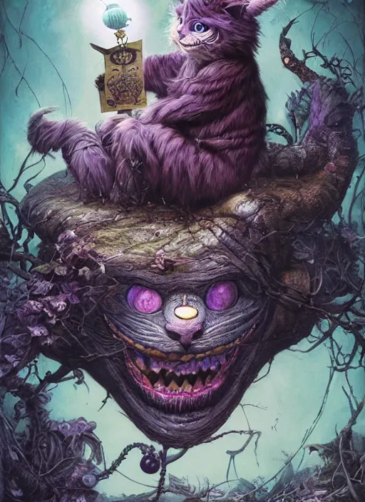 Image similar to cheshire cat the magician tarot card, highly detailed, cinematic, 8 k, by stanley artgermm, tom bagshaw, greg rutkowski, carne griffiths, ayami kojima, beksinski, giger, trending on deviantart, hyper detailed, horror, full of colour