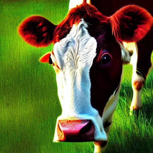 Prompt: a cow grazing in a meadow,digital art