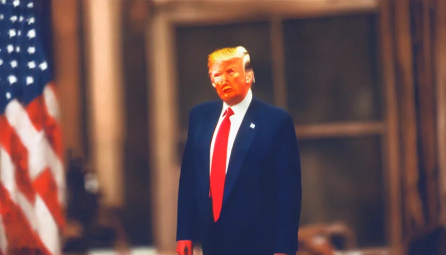 Image similar to color photo of Donald Trump, cinestill 800t, high quality, criterion collection