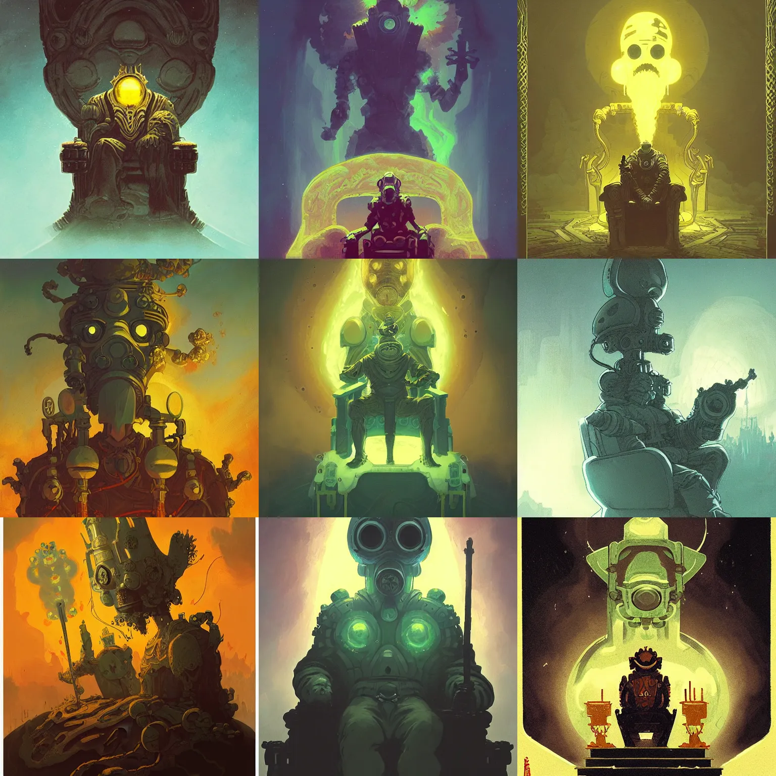 Prompt: scifi fantasy portrait of a glowing gas mask fog king on a throne by Mike Mignola and ivan shishkin and Annato finnstark