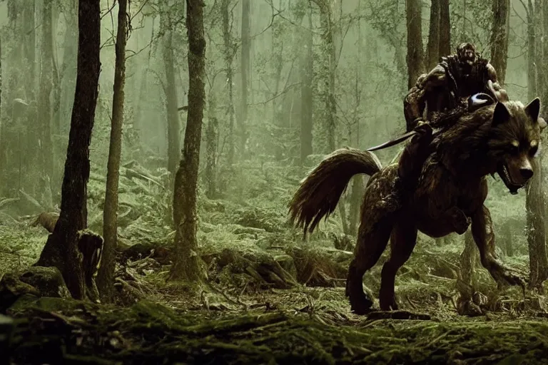 Image similar to vfx movie closeup detailed ancient armored warrior orc hunting riding large wolf in the forest, natural lighting by emmanuel lubezki