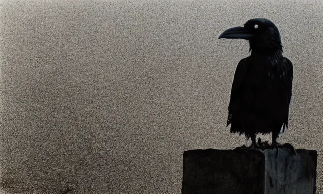 Image similar to raven standing on tombstone, midnight colors, photograph taken by giger and beksinski and death fog and decaying megacity