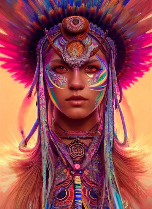 Prompt: hyper detailed ultra sharp of a beautiful tribal shaman trance girl. trending on artstation, warpaint aesthetic, earthwave, colorful, psychedelic, ornate, intricate, digital painting, concept art, smooth, sharp focus, illustration, art by artgerm and greg rutkowski and alphonse mucha, 8 k