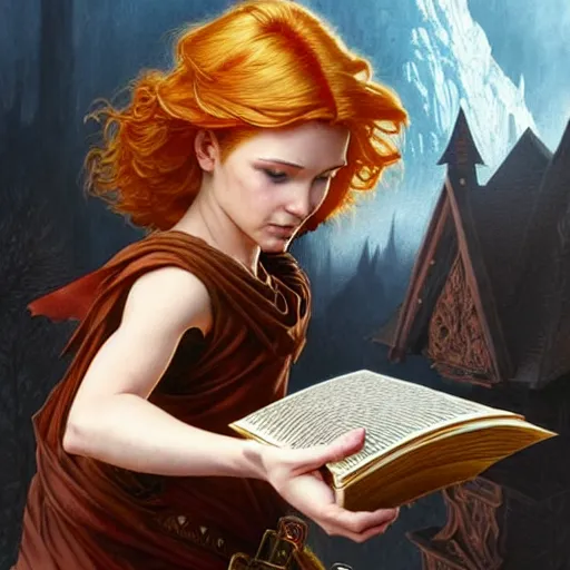 Image similar to an epic fantasy comic book style painting of a young red headed girl with a book in one arm meeting a young boy thief with blonde wearing plain brown leather thief clothes, d & d, fantasy, intricate, elegant, highly detailed, digital painting, artstation, concept art, matte, sharp focus, illustration, art by artgerm and greg rutkowski and alphonse mucha