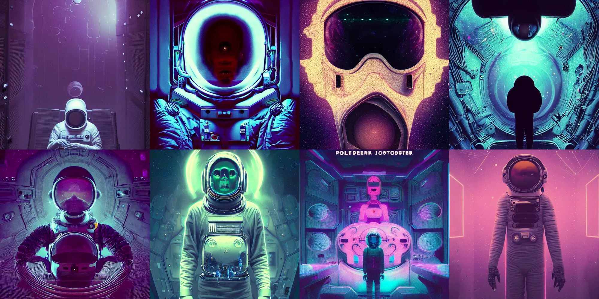 Prompt: beautiful dark astronaut, horror poster 9 0 s, cosmic horror, abstract, ghostly, arcade, duotone, poltergeist, lets get weird, intricate, elegant, highly detailed, smooth, sharp focus, unreal engine 5, raytracing, art by beeple and mike winkelmann, ultraviolet colors,