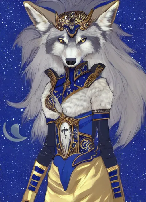 Image similar to commissioned full body portrait of a female anthro wolf princess fursona with a wolf head and white hair wearing a blue and gold Japanese armored dress in a white and gold palace on a starry night with a large crescent moon, by a professional manga illustrator, by Kilian Eng, by Sandra Chevrier, trending on artstation