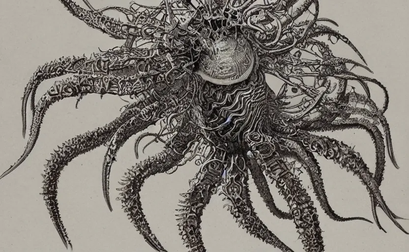 Prompt: sci - fi biomechanical, monster character design, fantasy. intricate jellyfish crab eagle lizard biomechanical. by ernst haeckel