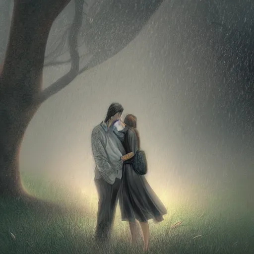 Image similar to portrait of dark haired man under large tree holding a sleeping woman close, outside, heavy rain, high fantasy, travellers, digital illustration, trending on artstation, somber, muted colors, intricate, 8 k