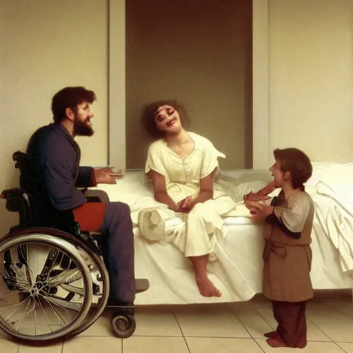 Image similar to a male patient in a wheelchair in the hospital with his wife and son standing by. happy, cheerful, smiling, intricate, face enhance, cinematic lighting, featured in artistation, 8 k, art by greg rutkowski, william adolphe bouguereau