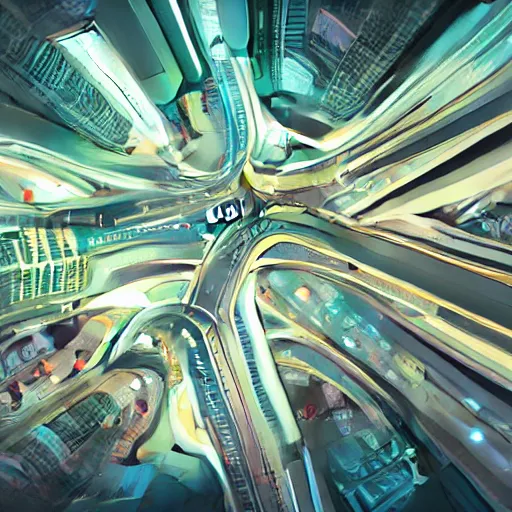 Prompt: small traffic road, under large traffic road, futuristic transportation, cyberpunk, extremely detailed, top view, digital illustration, by artstation, artfol, artslant artbox, cgsociety, gfxartist, sakimichan, mcbess, aphonse mucha