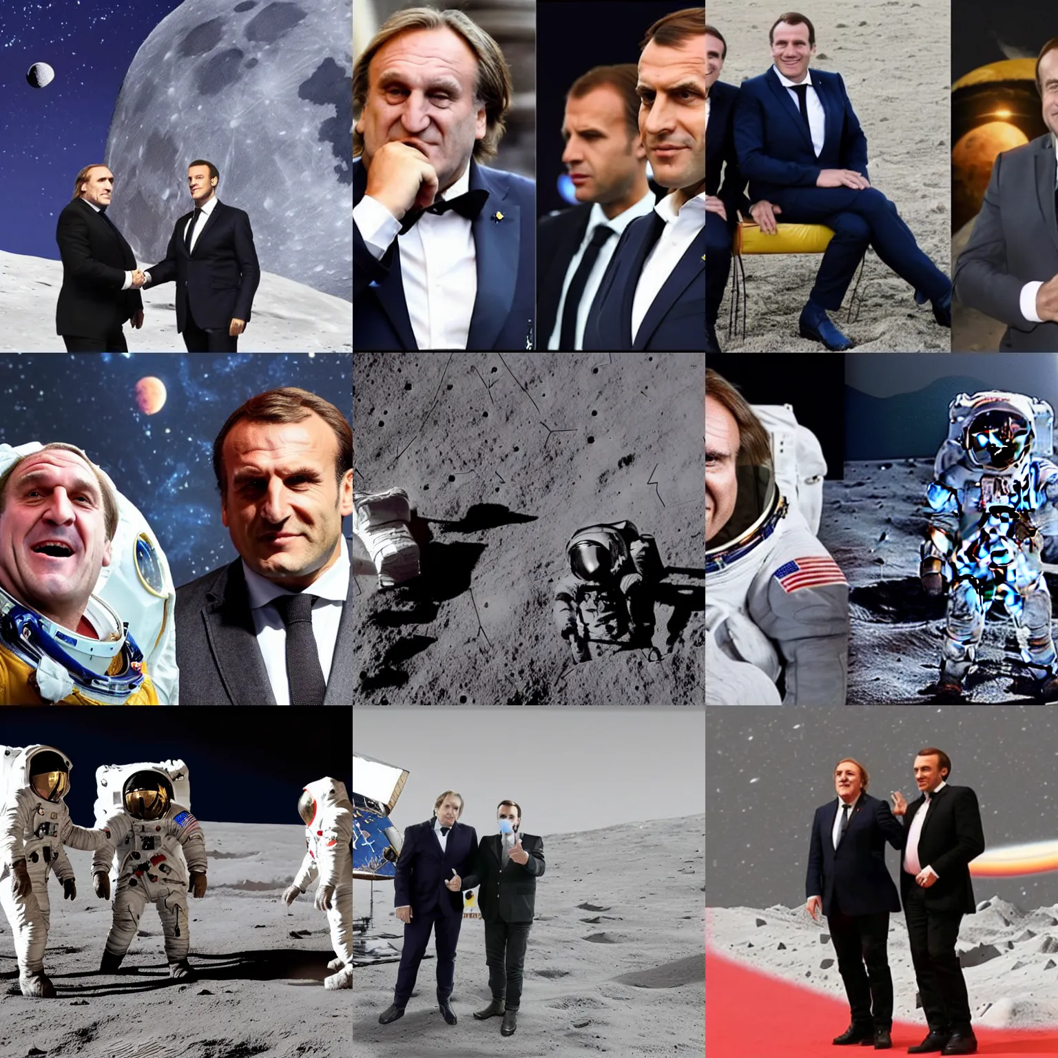 Prompt: gerard depardieu and emmanuel macron land on the moon as astronauts