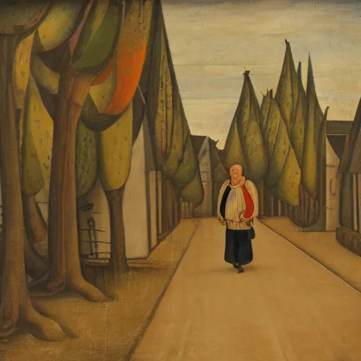 Prompt: a man walking through a row of giant fruits, medieval style, canvas