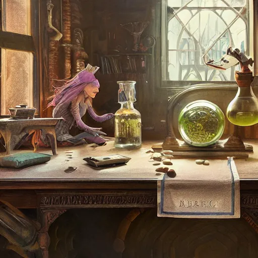 Image similar to hyper real, table, wizards laboratory, lisa parker, tony sart, mortar, pestle, scales with magic powder, energy flowing, magic book, beakers of colored liquid, greg rutkowski, alphonse mucha