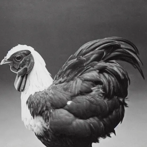 Image similar to A black and white 1900's photo of a chicken, close up, high detail, realistic.