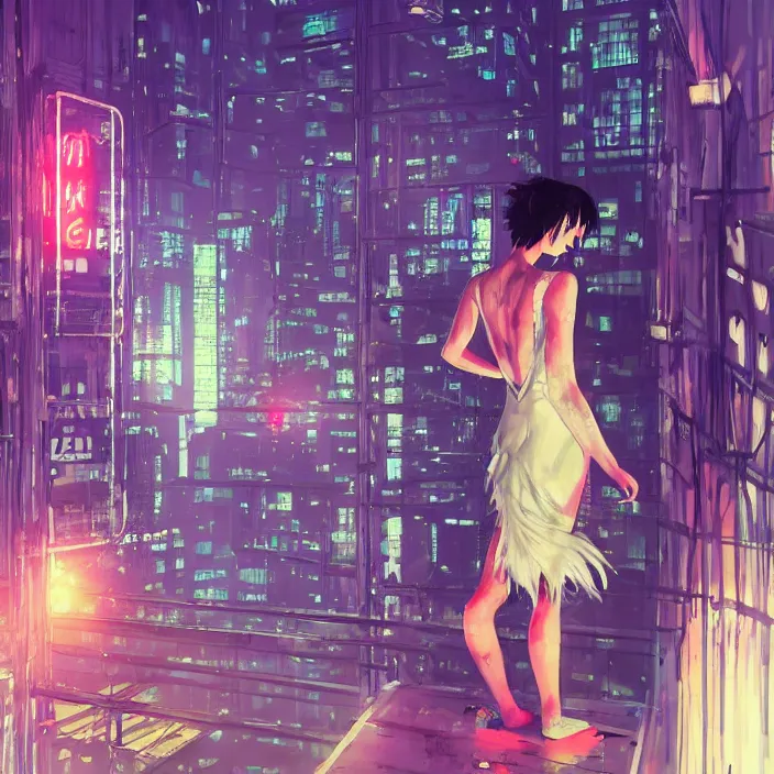 Image similar to zoomed in picture of a dancing girl wearing a gown, short hair, bed room, cyberpunk city view out of the window, no lights in bedroom, bright neon lights from the city, elegant, highly detailed, artstation, soft lights, night, fog, sharp focus, drawn by ayami kojima