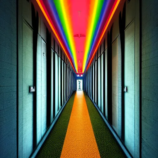 Image similar to a long colorful asylum hallway, one point perspective, vanishing point, symmetrical composition, rich colors, dramatic lighting, by lee madgwick, photorealistic, v - ray render 8 k uhd