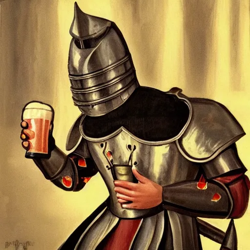Prompt: knight drinks beer