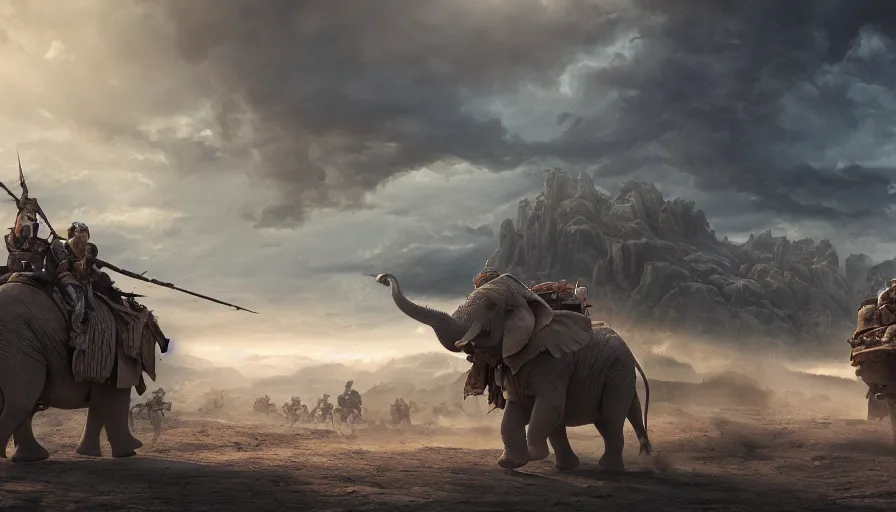 Prompt: matte painting of a beautiful fight scene of two warloads ride on their war - elephents in the center of the scene, digital art, trending on artstation