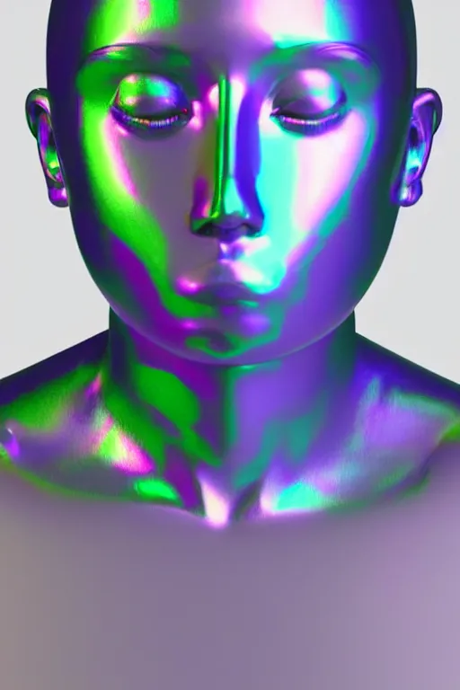 Image similar to 3d render of holographic human robotic bust made of glossy iridescent, bust, surrealistic 3d illustration of a human non-binary, non binary model, 3d model human, cryengine, made of holographic texture, holographic material, holographic rainbow, concept of cyborg and artificial intelligence