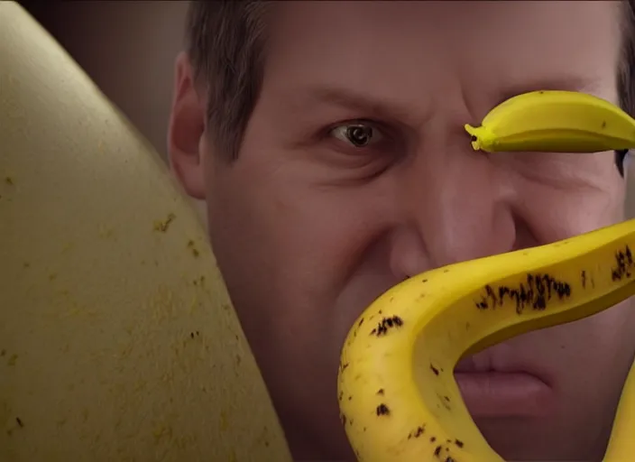 Prompt: man freaks out as he turns into a banana. Highly detailed. 8k. Fantasy horror.