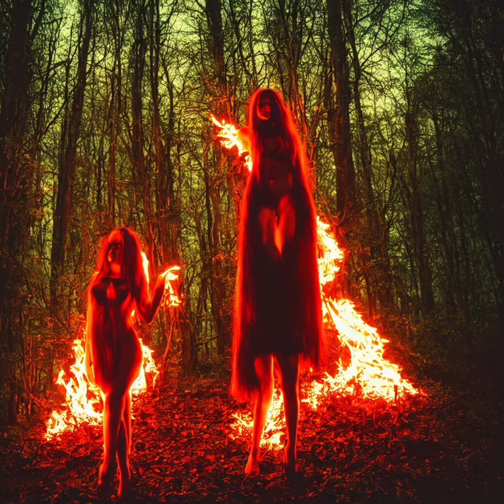 Prompt: a beautiful vampire girl is standing in the forest at night on fire