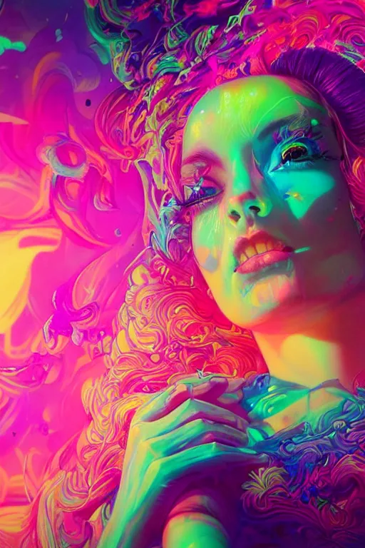 Prompt: a beautiful woman engulfed in colorful liquid clouds and neon smoke, extremely psychedelic experience, psilocybin, dmt, lsd, perfect face, highly detailed, artstation, concept art,, sharp focus, digital art by hana yata, and artem demura and beeple, lisa frank, cyberpunk, octane render, unreal engine, 8 k