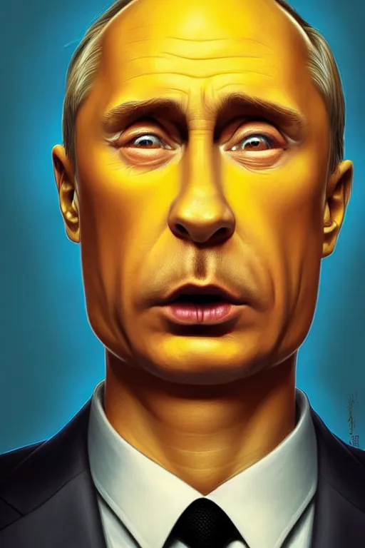Image similar to vladimir putin as a yellow funny character from the simpsons, realistic portrait, symmetrical, highly detailed, digital painting, artstation, concept art, smooth, sharp focus, illustration, cinematic lighting, art by artgerm and greg rutkowski and alphonse mucha