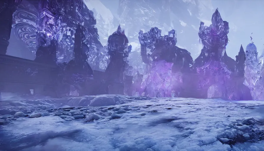 Prompt: crystalline, fractal, icy, glassy, prismatic, blue purple, ethereal, cloudy, misty ice palace in destiny 2, castles and towers and glaciers, bright, intricate, elegant, highly detailed 4 k in - game destiny 2 screenshot gameplay showcase