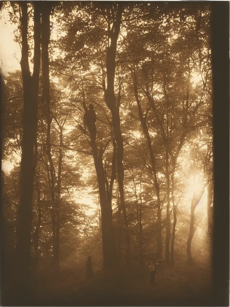 Image similar to a boy and a girl side by side, posing for a picture, a ray of light between their faces, god rays through fog, nostalgic, night, some trees in the background, dramatic reddish light, atmospheric, 1 9 7 0 s polaroid