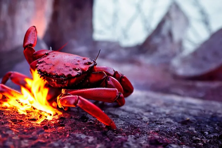 Prompt: crab - cosplay, in 2 0 1 2, bathed in the the glow of a fire, royalcore, crabcore, low - light photograph, photography by tyler mitchell