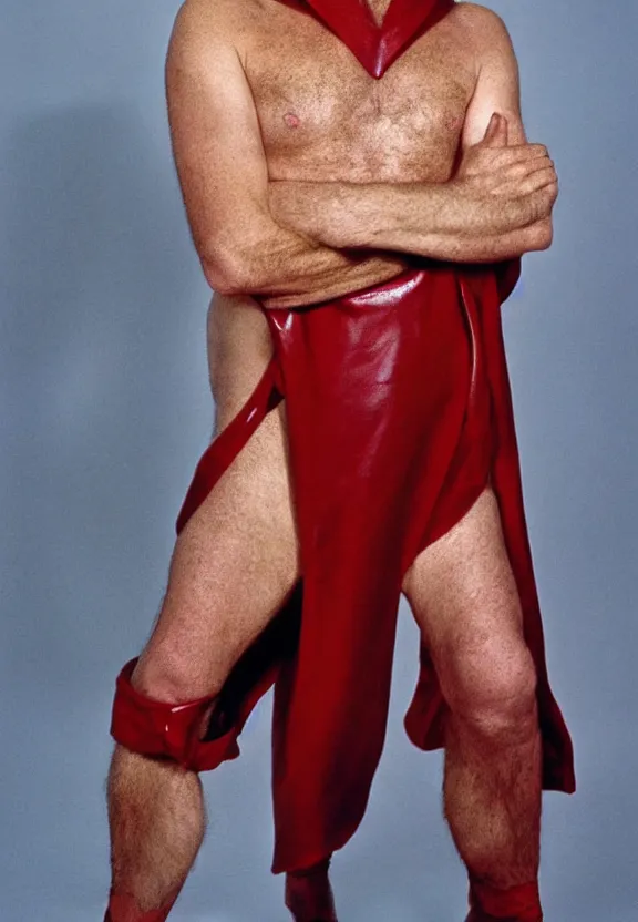 Prompt: The full figure portrait is of the actor sean connery. He is wearing the red leather mankini from the film zardoz beneath the robes of the imperial emperor from star wars. He has a thick black moustache and a long plait of hair. His skin is pale and wrinkled, his eyes are red rimmed and sunken, by Mark Mann and Steve McCurry. Rembrandt with a honeycomb. Nikon D850. Sigma 85mm F1.4 DG HSM A. Aperture f/3.5. Shutter speed 1/60. ISO 1600