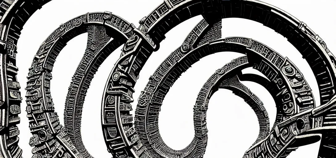 Image similar to a double helix dna cyberpunk steampunk stone carved archway, high details, lineart, by vincent di fate and joe fenton, inking, screen print, masterpiece, trending on artstation, sharp, high contrast, hyper - detailed,, hd, 4 k, 8 k