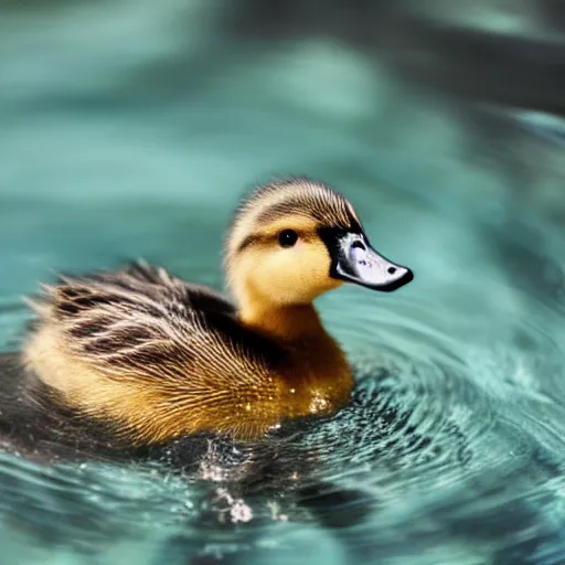 Image similar to cute duckling swimming in a small bowl of clear water, photography, minimalistic, 8 k