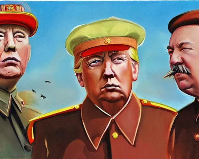 Prompt: painting of trump, stalin, mao, and hitler fishing by john mcnaughton,