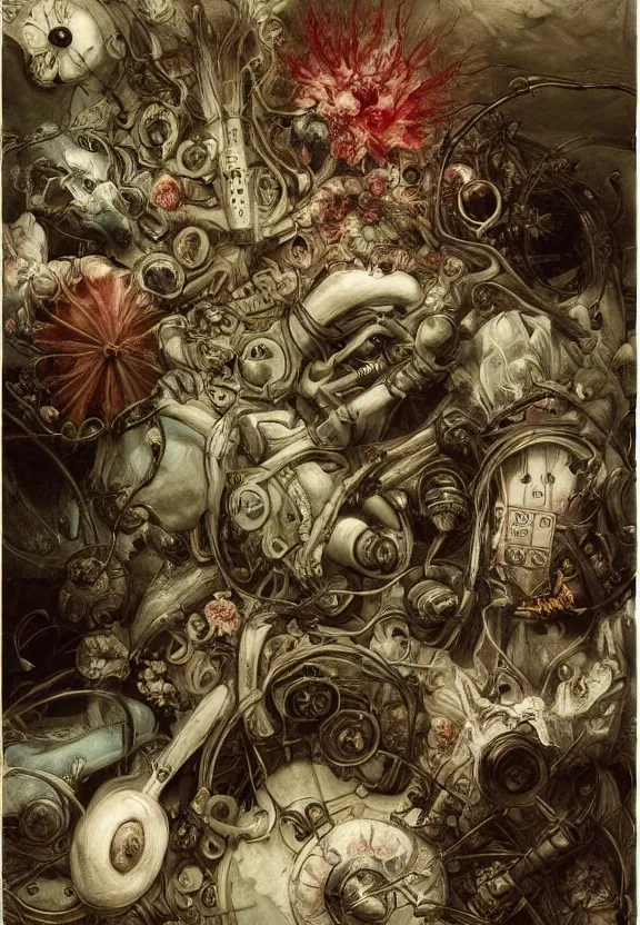 Image similar to pastel floral medical equipment, whirling, minimalist environment, by ryan stegman and hr giger and esao andrews and maria sibylla merian eugene delacroix, gustave dore, thomas moran, the thing, pop art