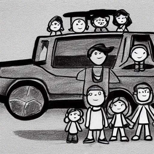 Prompt: a todler's drawing of a family and their suv